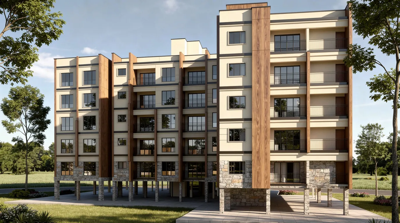 Photoreal apartment building exterior render generated by Ziannah