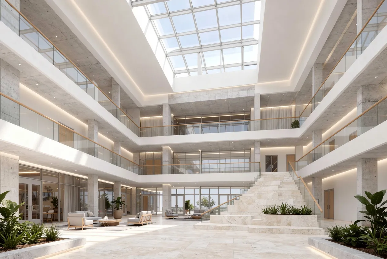 Photoreal interior atrium render generated by Ziannah