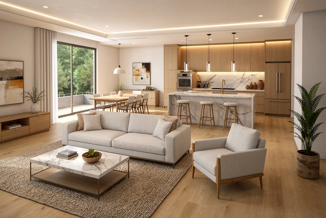 Photoreal living-room interior render generated by Ziannah