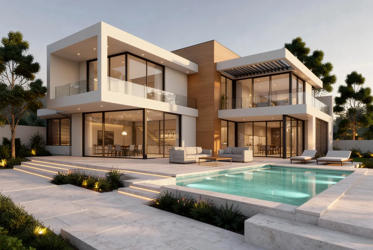 Photoreal luxury villa exterior render generated by Ziannah