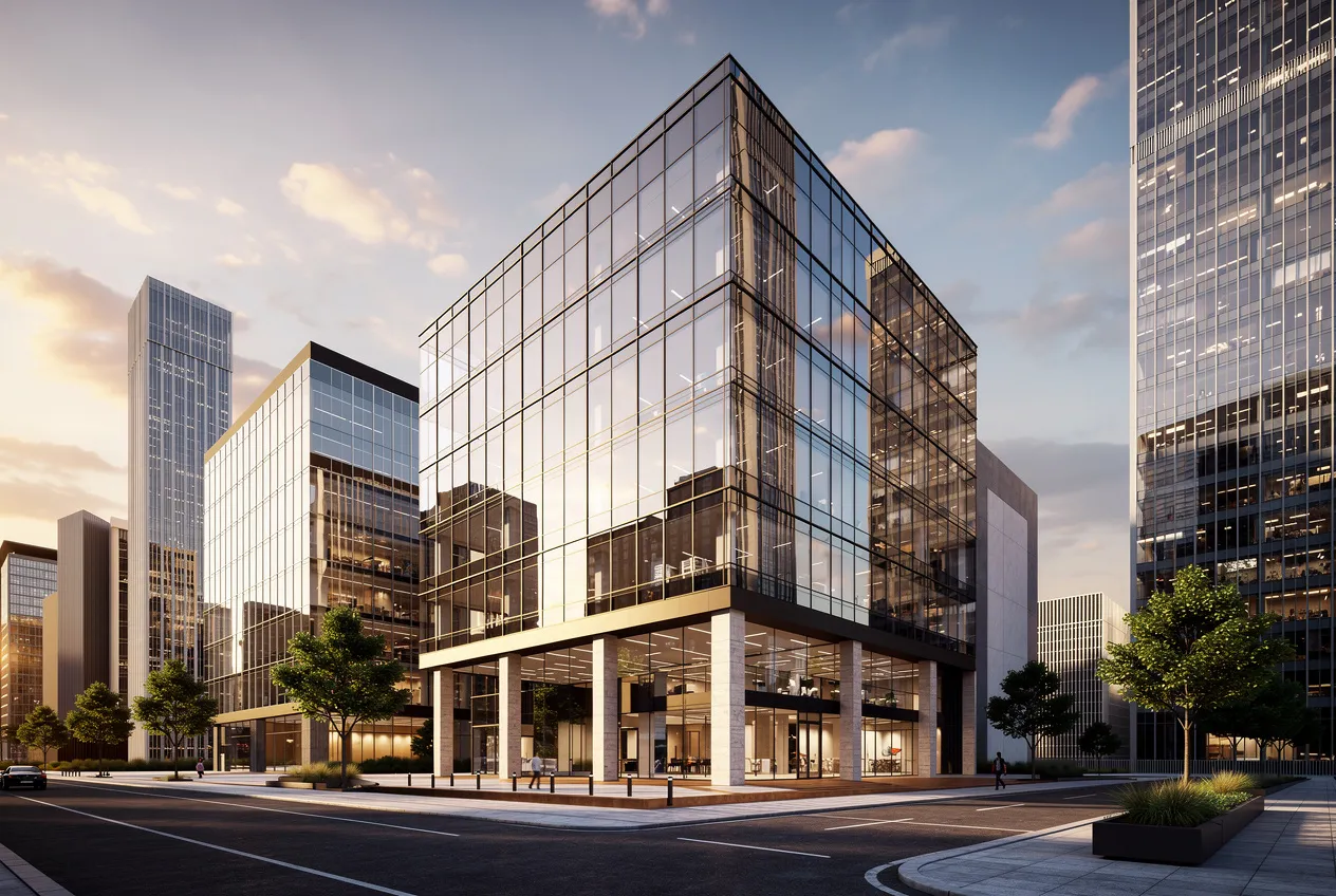 Photoreal office tower exterior render generated by Ziannah